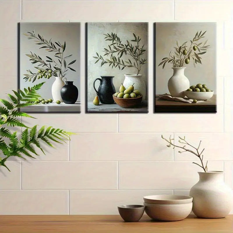 3pcs Olive Branch Still Life Triptych Metal Print Ready to Hang Art