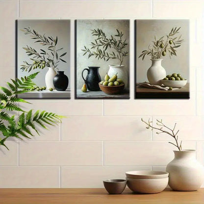 3pcs Olive Branch Still Life Triptych Metal Print Ready to Hang Art
