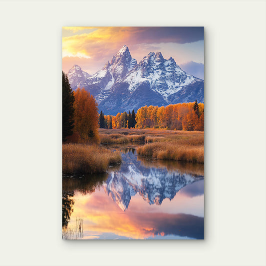 Autumn Forest Snow Mountain Valley Lake Paint 40x60cm Metal Print Ready to Hang