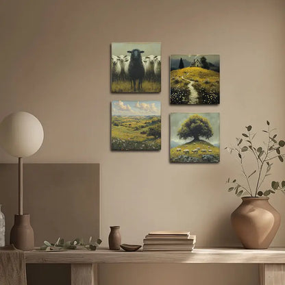 4pcs Green Meadow With Sheeps  Wall Art Canvas Framed