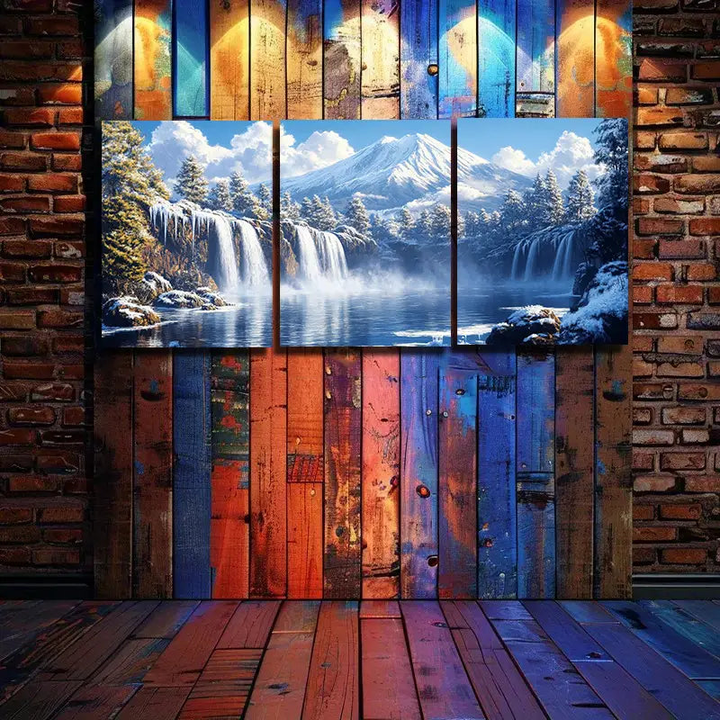 3pcs Snow-Capped Peaks, Waterfall & Pine Trees Metal Print Ready to Hang Art