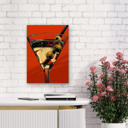 Vintage Martini Glass with Olive Metal Print Ready to Hang - Bella Home Decor