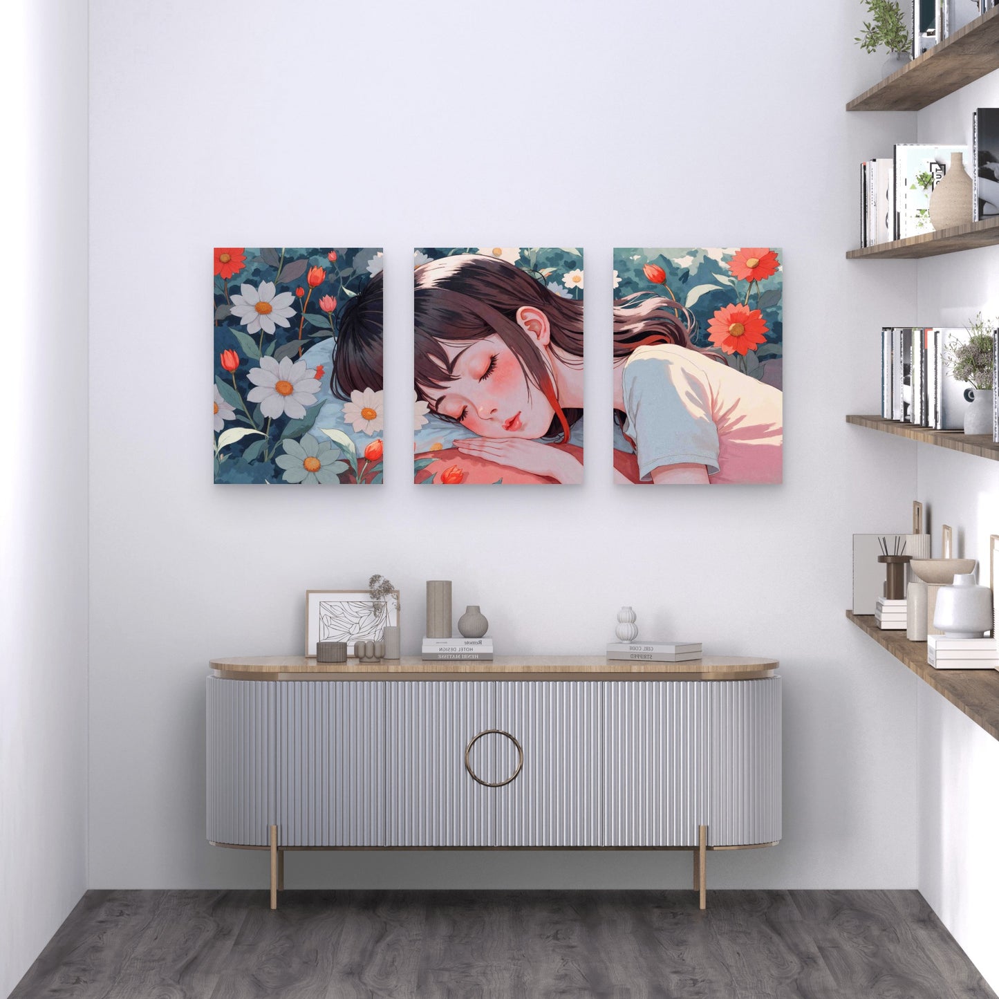 3pcs Dreaming Girl Lying Flowers Metal Print Ready to Hang Art