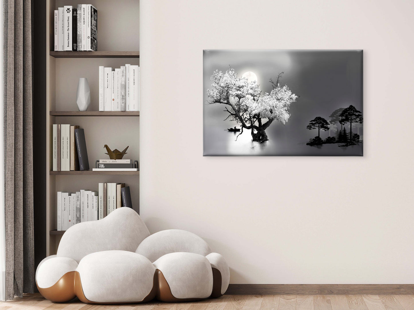 Black And White Lake Night Moon Sky Wall Art Decor 100% Australian Made