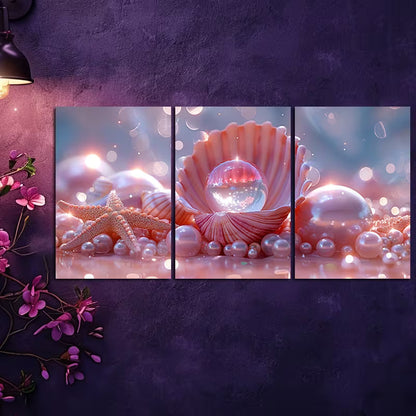 3pcs Opalescent Crystal in Open Seashell Wall Art Set Canvas Framed 40x60cm - High Quality Print 100% Australian Made Wall Canvas Ready to Hang