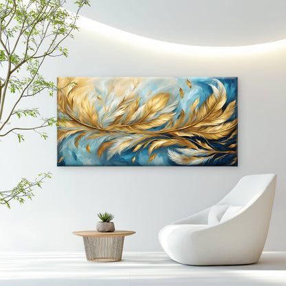 Navy Blue & Golden Feathers Wall Art Canvas Office Home Room Framed 120x60cm