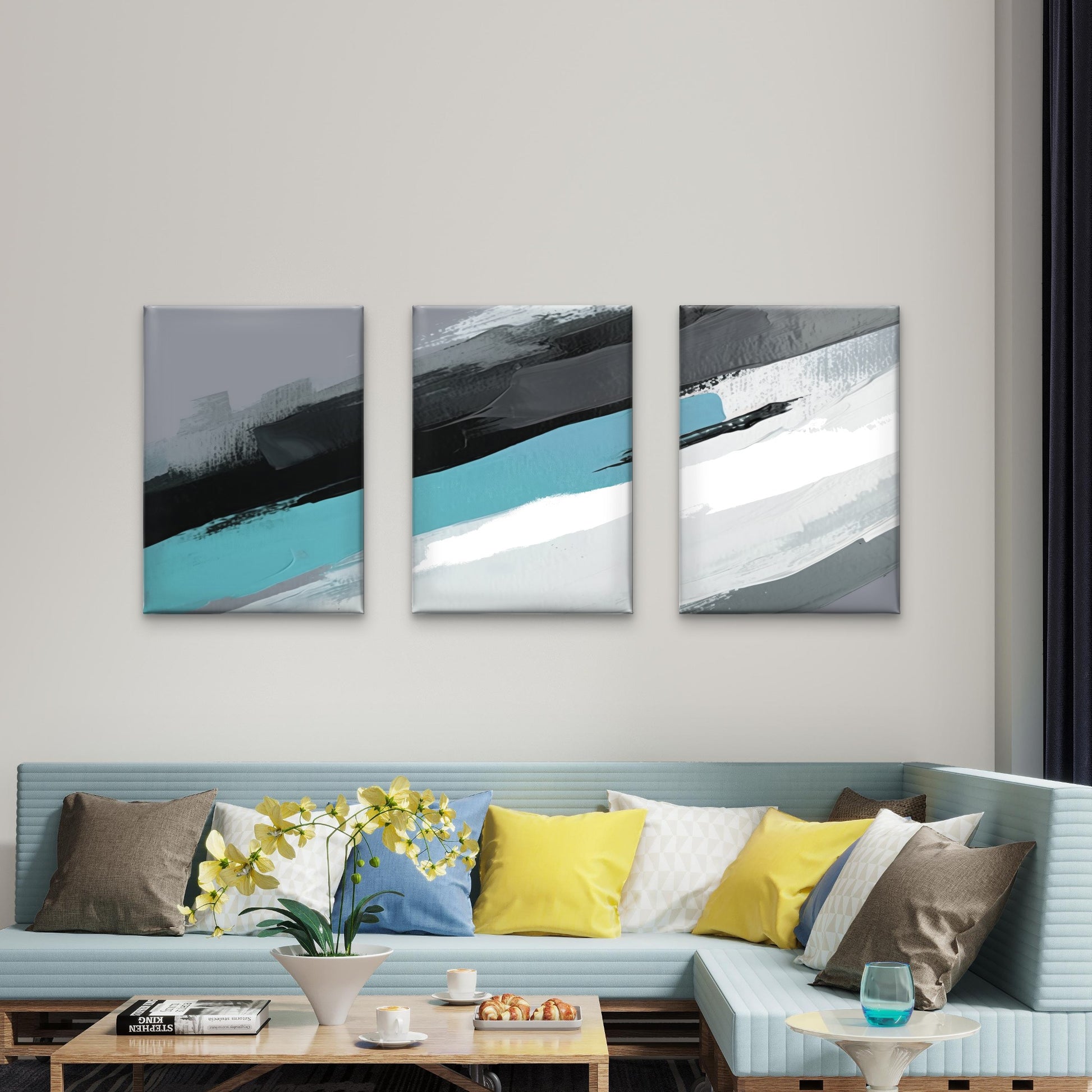 3pcs Abstract Teal Gray Black Blocks Brushstroke Wall Art Set Canvas Framed 40x60cm - High Quality Print 100% Australian Made Wall Canvas Ready to Hang