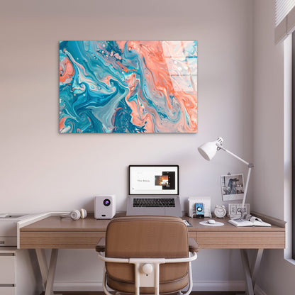 Abstract Teal Peach Marble Wave Glass Printing Wall Art Australian Made Quality