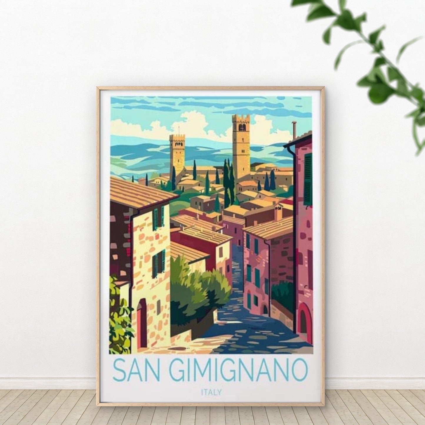 San Gimignano Italy, Trees & Houses Art Travel Poster Print Wall Art