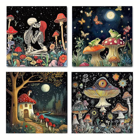 4pcs Mystical Forest & Starry Night Designs Wall Art Canvas Framed