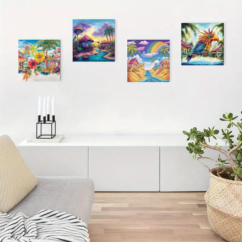 4pcs Island Charm Beach House Coconut Tree Wall Art Canvas Framed