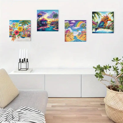 4pcs Island Charm Beach House Coconut Tree Wall Art Canvas Framed