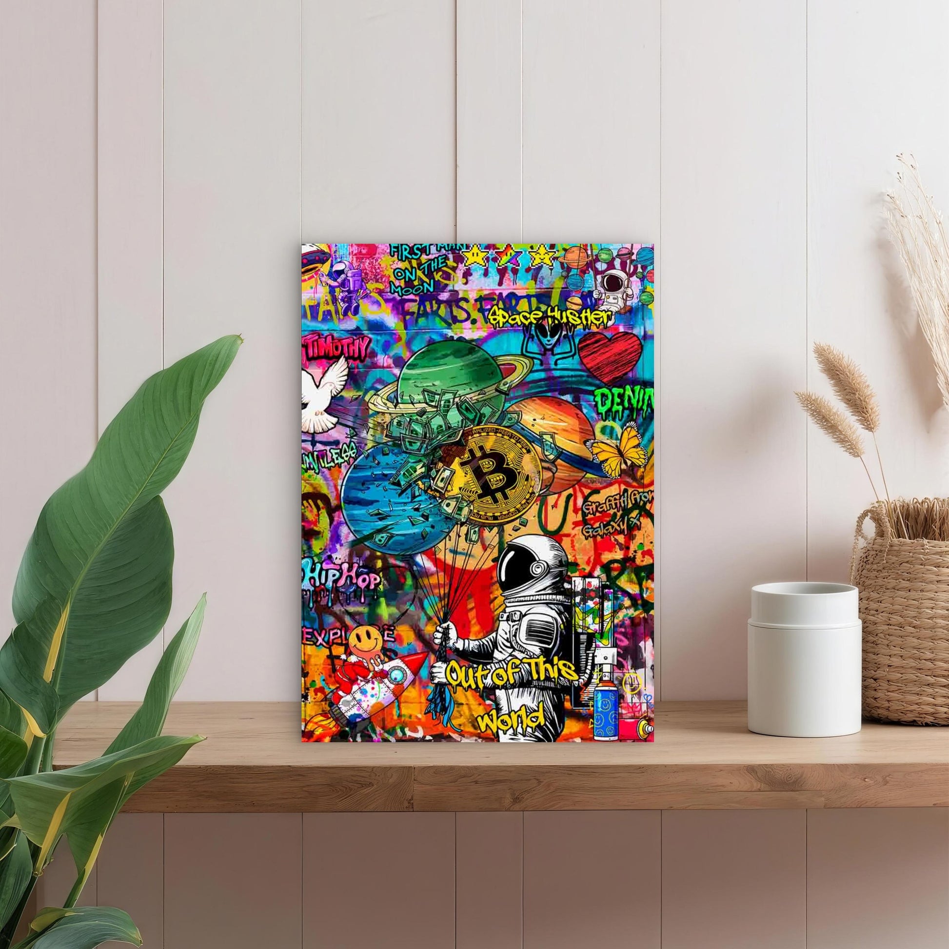 Graffiti Astronaut Holding Gold Coin 40x60cm Metal Print Ready to Hang - Bella Home Decor