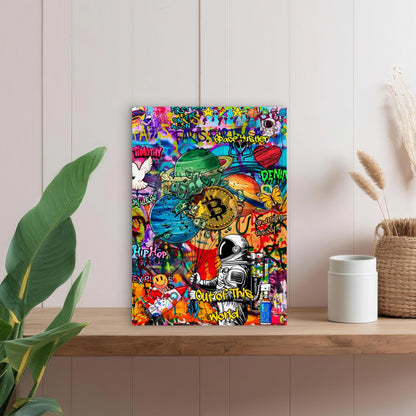 Graffiti Astronaut Holding Gold Coin 40x60cm Metal Print Ready to Hang - Bella Home Decor