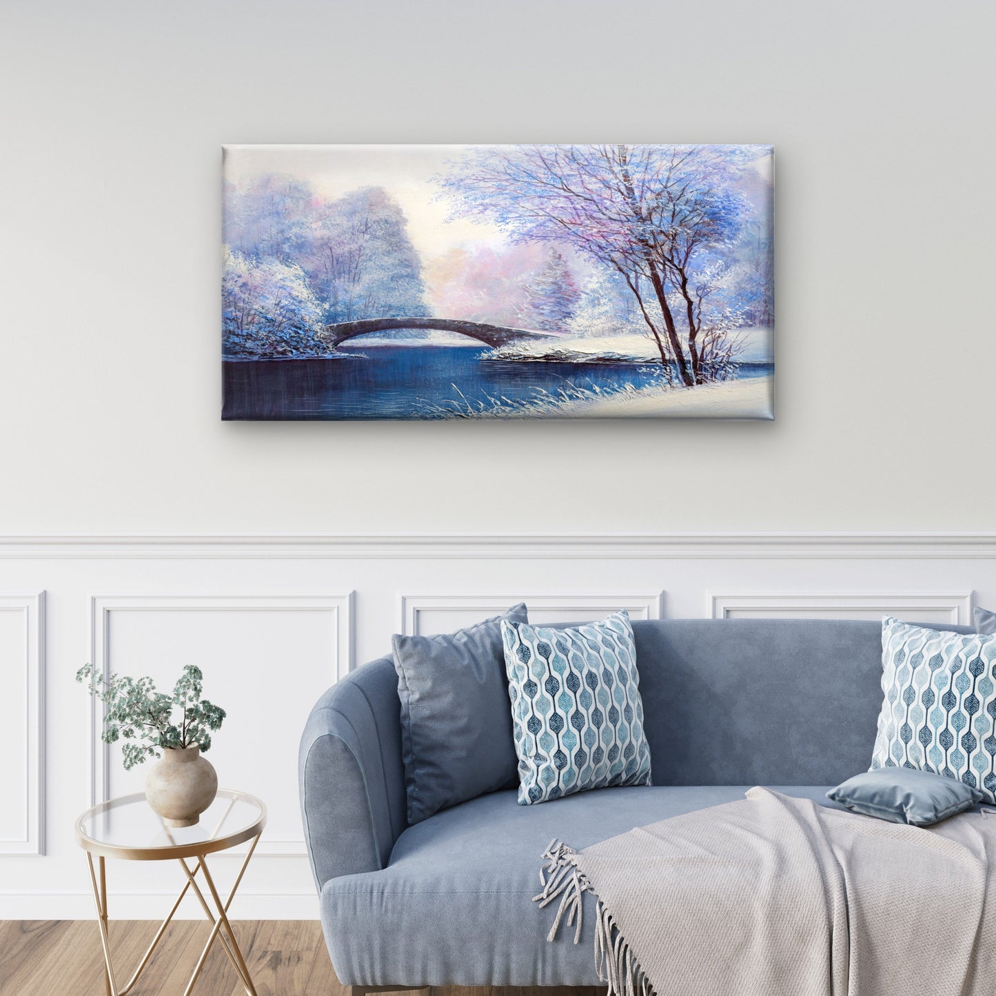 Snowy Winter Scenery River Bridge Wall Art Canvas Office Home Framed 120x60cm