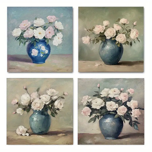 4pcs Floral Prints with Elegant Blue Vase FP  Wall Art Canvas Framed