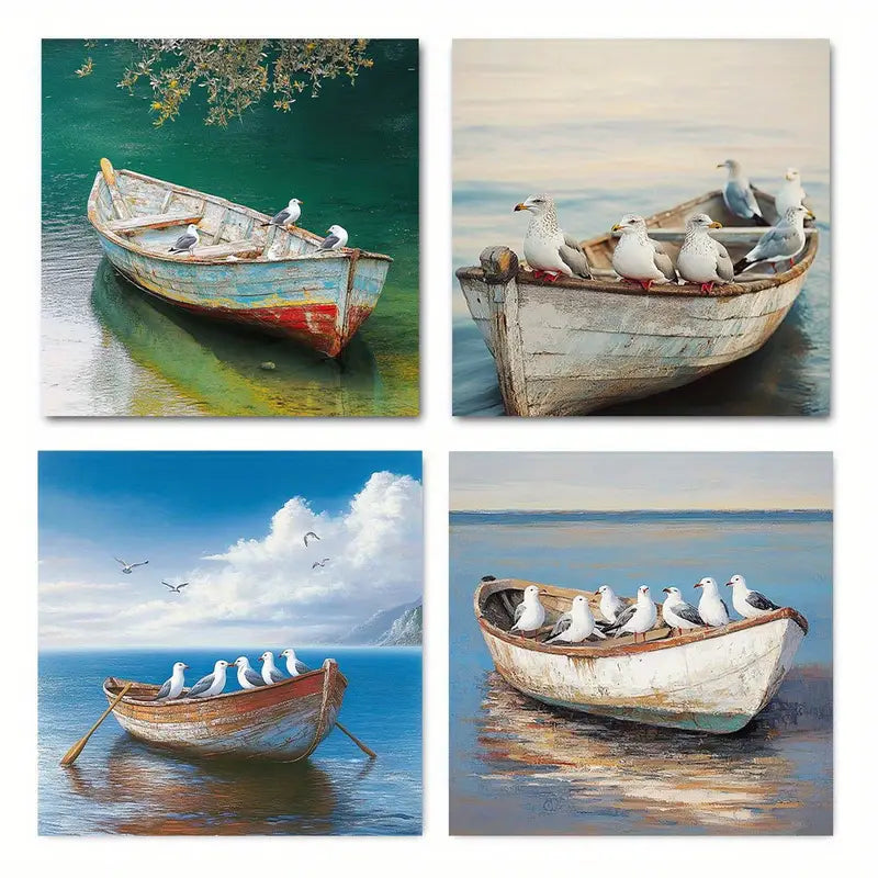 4pcs Coastal Seagull Coastal Seascape Sailboat  Wall Art Canvas Framed