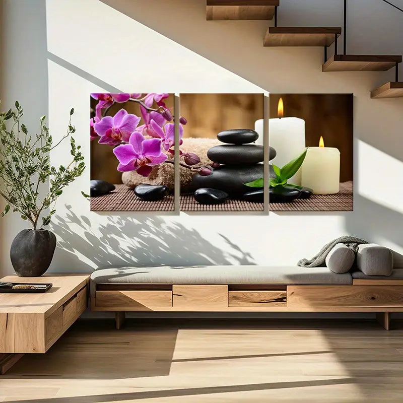 3pcs Cobblestone & Phalaenopsis Design Metal Print Ready to Hang Art - Bella Home Decor