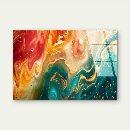 Abstract Red Emerald Teal Fluid Ink Acrylic Glass Printing Wall Art Australian Made Quality
