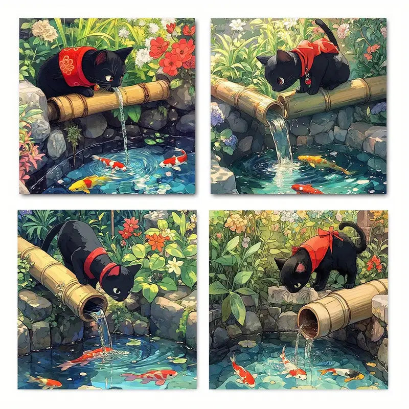 4pcs Charming Black Cat with Red Collar & Bell Wall Art Canvas Framed