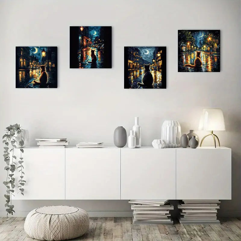 4pcs Cat Under The Stars Art Deco Wall Art Canvas Framed