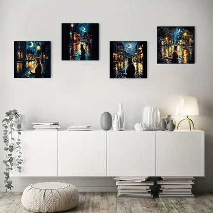 4pcs Cat Under The Stars Art Deco Wall Art Canvas Framed