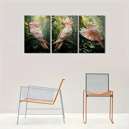 3pcs  Pink Parrot In Jungle Metal Print Ready to Hang Art - Bella Home Decor