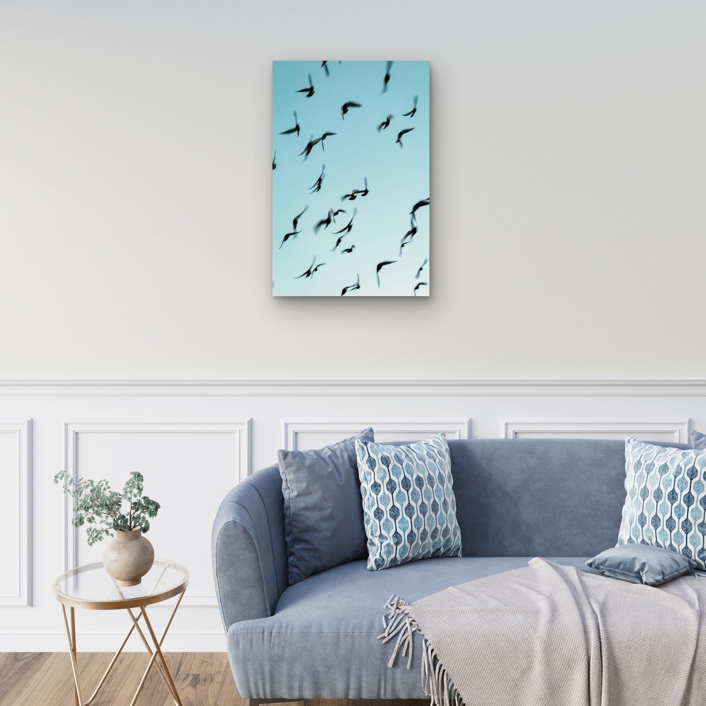 Flock of Birds in Flight Against Light Blue Sky 40x60cm Metal Print Ready to Hang