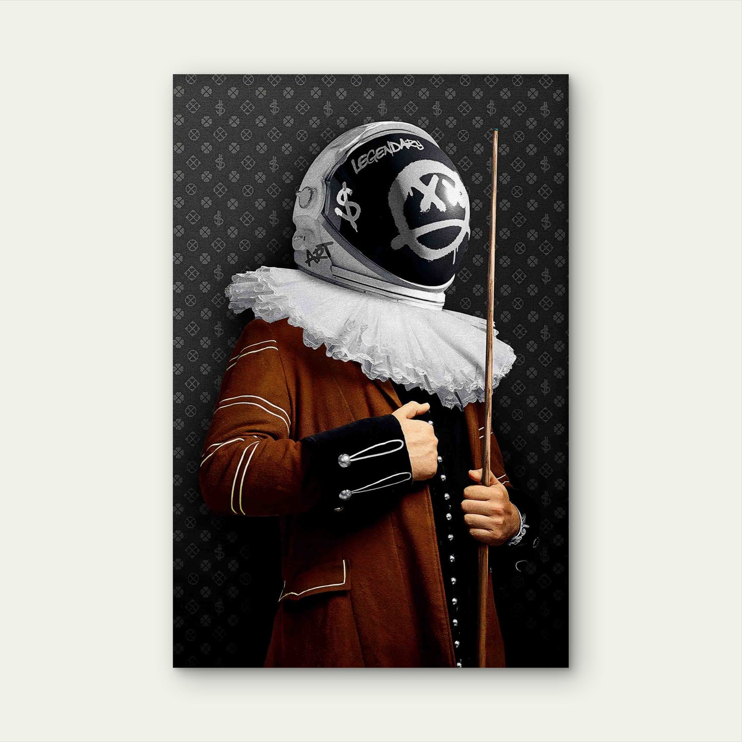 Baroque Astronaut Helmet Pool Cue Monogram 60x90cm Metal Print Ready to Hang