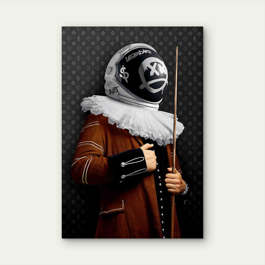 Baroque Astronaut Helmet Pool Cue Monogram 60x90cm Metal Print Ready to Hang