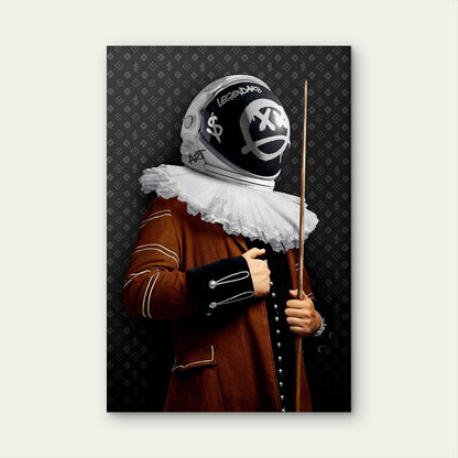 Baroque Astronaut Helmet Pool Cue Monogram 40x60cm Metal Print Ready to Hang