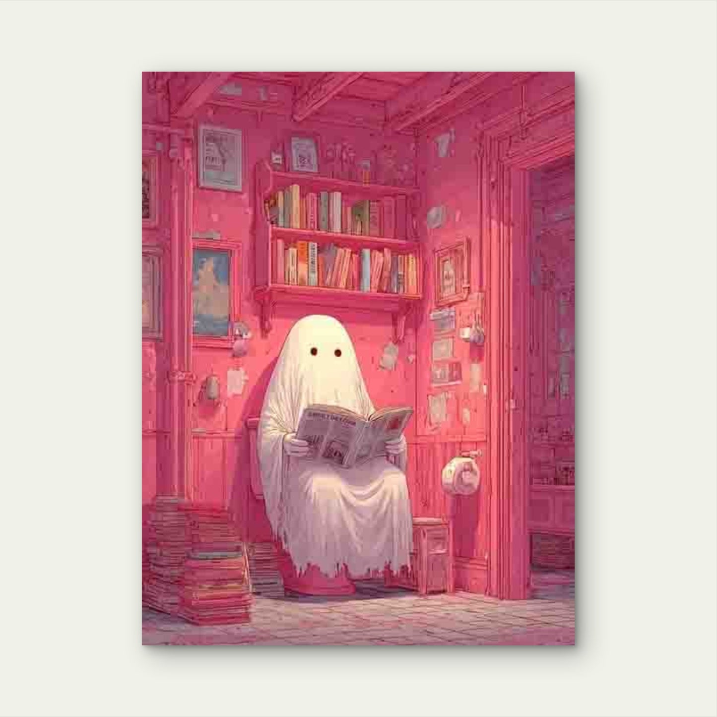 Spooky Cute Ghost Reading on Toilet Metal Print Ready to Hang