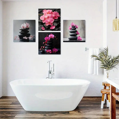 4pcs Black Stone With Pink Orchids Flower Print Wall Art Canvas Framed