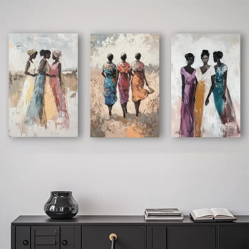 3pcs Women In Colorful Dresses Walking Landscape Metal Print Ready to Hang Art