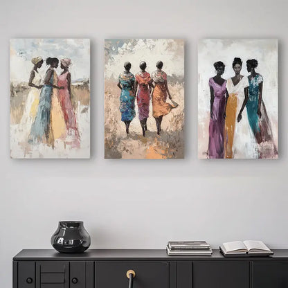 3pcs Women In Colorful Dresses Walking Landscape Metal Print Ready to Hang Art