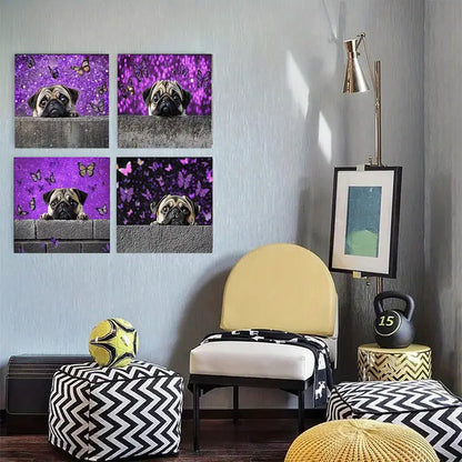4pcs  Cute pugs and butterflies Picture Wall Art Canvas Framed