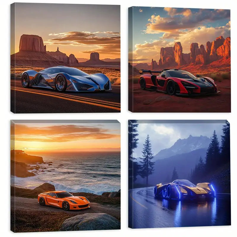 4pcs Exotic Sports Artwork, Sunset  Wall Art Canvas Framed