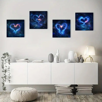 4pcs Vibrant Heart Nebula Designs In Blue, Pink  Wall Art Canvas Framed