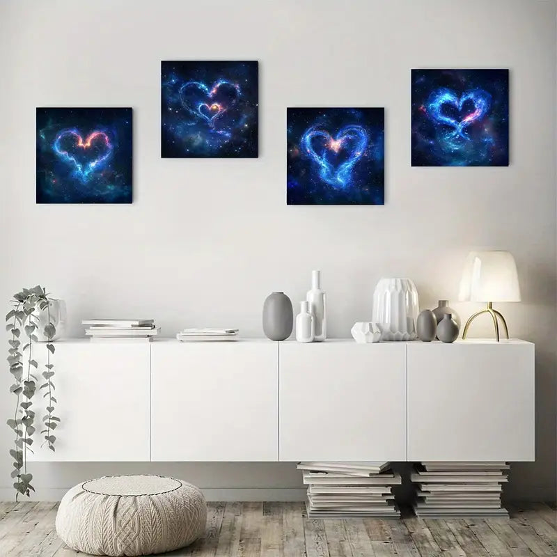 4pcs Vibrant Heart Nebula Designs In Blue, Pink Wall Art Canvas Framed