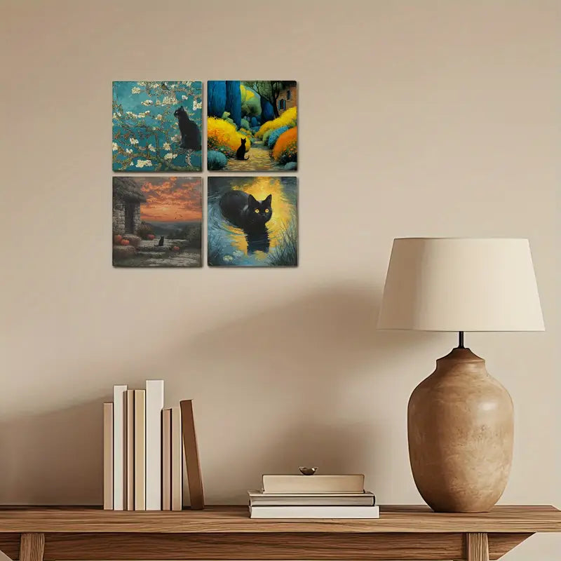 4pcs 4 Unique Orange Tabby Cat Wall Art Canvas Framed