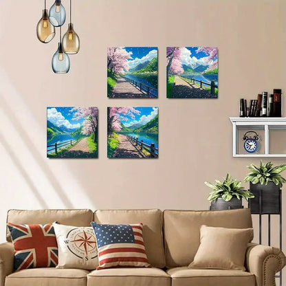 4pcs  Cherry Trees under the Bridge  BC  Wall Art Canvas Framed