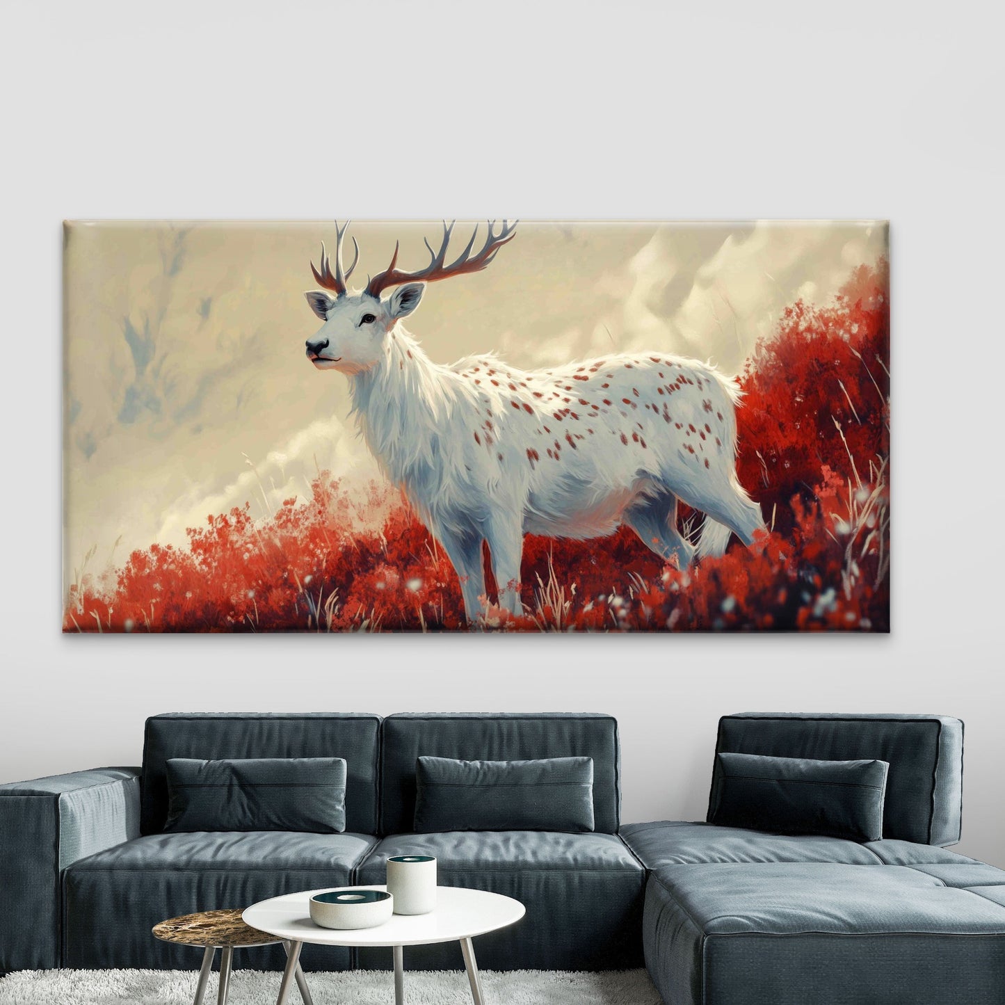 A White Fallow Deer Wall Art Canvas Office Home Room Framed 120x60cm