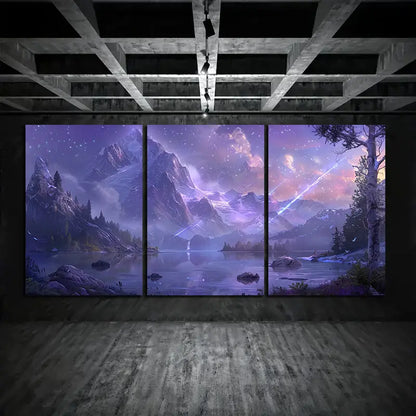 3pcs Serene Lake & Starry Night Scene With Mountas Metal Print Ready to Hang Art