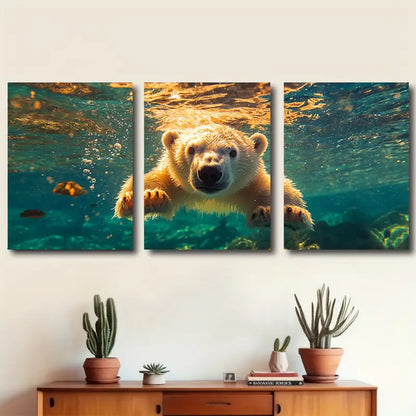3pcs Polar Bear Swimming Underwater Wall Art Set Canvas Framed 50x70cm - High Quality Print 100% Australian Made Wall Canvas Ready to Hang