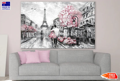 Romantic Paris Street Eiffel Tower & Flower Trees Painting 90x60cm Print 100% Australian Made