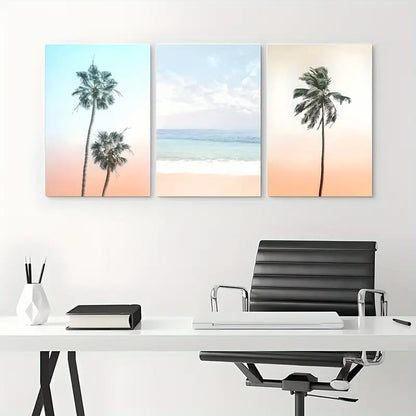3pcs Palm Tree Design With Ocean View Metal Print Ready to Hang Art