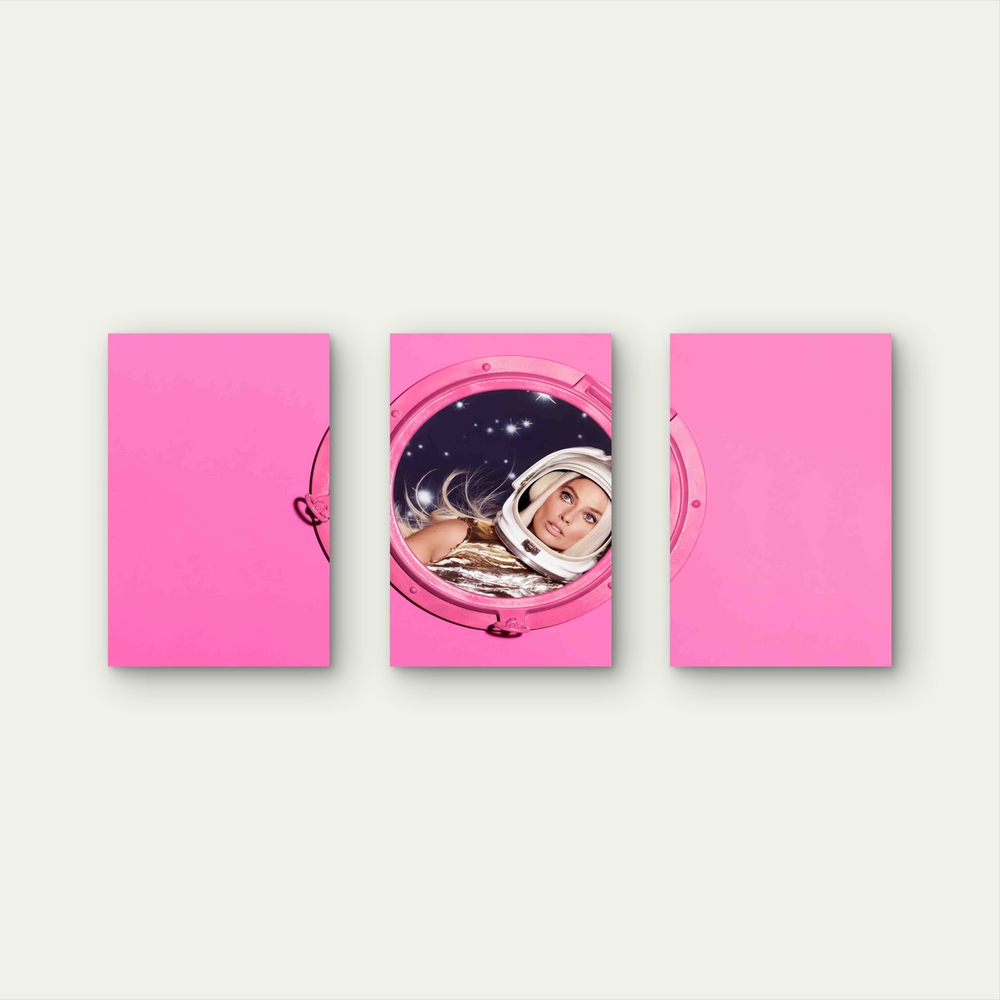 3pcs Retro Pink Porthole Female Astronaut Space Metal Print Ready to Hang Art