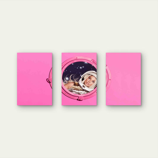 3pcs Retro Pink Porthole Female Astronaut Space Metal Print Ready to Hang Art