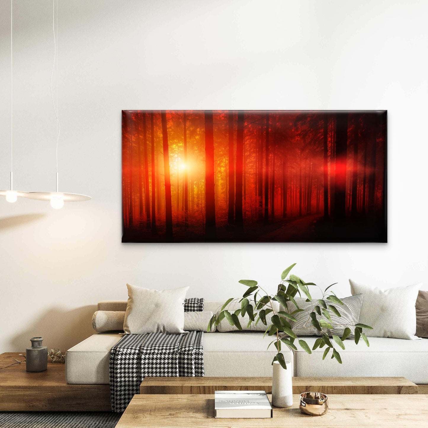 Red Forest Golden Sun Wall Art Canvas Office Home Room Framed 120x60cm