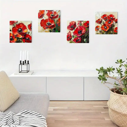 4pcs Red Poppy Featuring Lush Green RP  Wall Art Canvas Framed